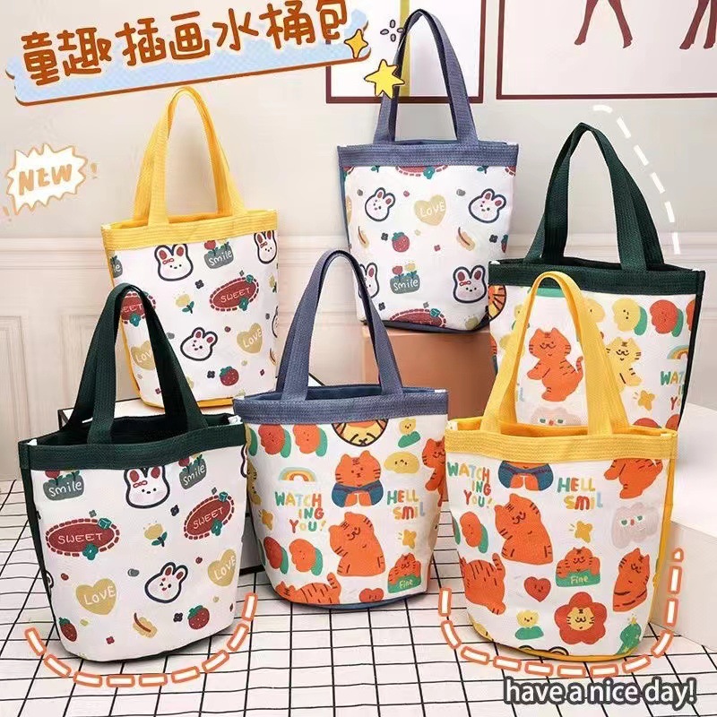 毕业季儿童幼儿园伴手礼品袋手提帆布迷你水桶包涂鸦插画大容量