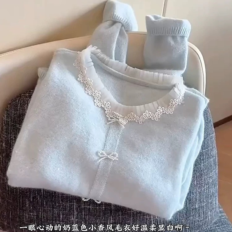 蓝色蕾丝长袖针织打底衫女