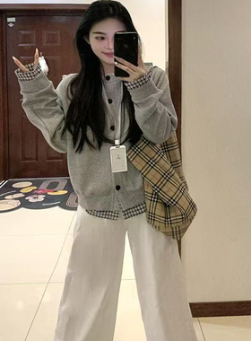 灰色假两件格子拼接卫衣外套女秋冬宽松休闲棒球服开衫小个子上衣