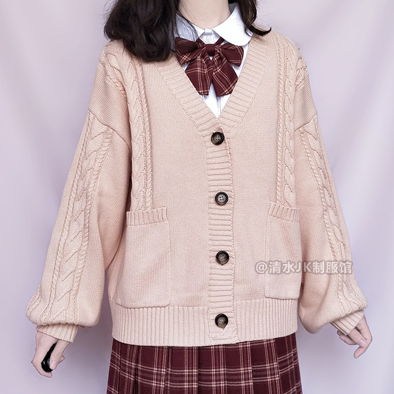 秋冬JK制服毛衣大V领灯笼袖开衫 学院风多色宽松麻花纯棉针织外套