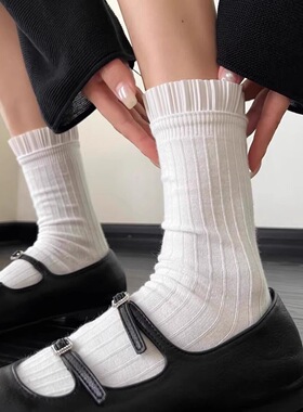 芭蕾风纯欲立耳花边袜子jk白色ins潮黑色中筒袜少女竖条堆堆长袜