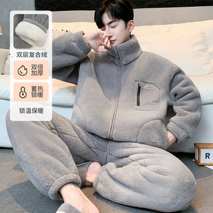 新款加厚加绒保温法兰绒家居服秋冬暖绒保暖休闲大码睡衣套装男