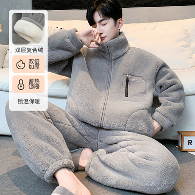 新款加厚加绒保温法兰绒家居服秋冬暖绒保暖休闲大码睡衣套装男