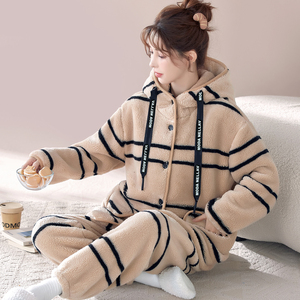 睡衣套装加厚加绒可外穿法兰绒家居服秋冬暖绒保暖可爱睡衣女士