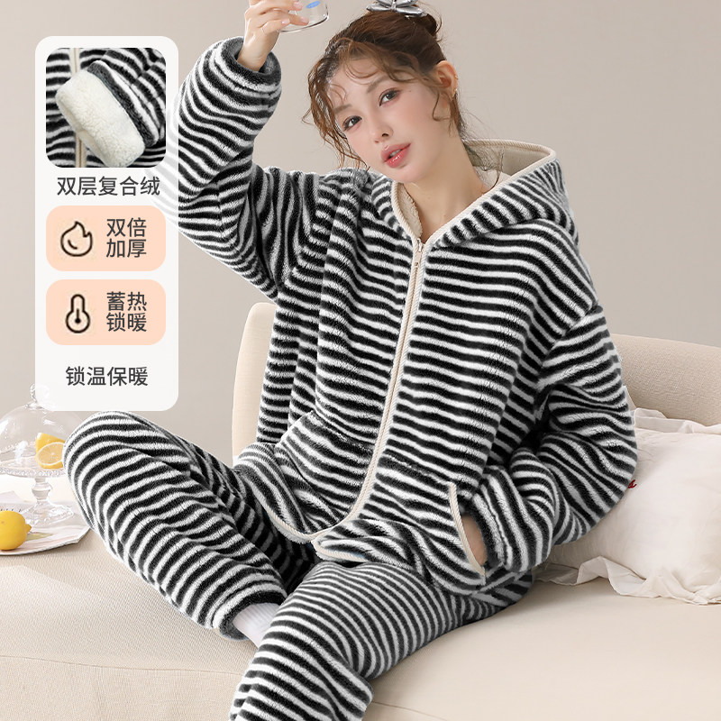 睡衣套装加厚加绒双层复合法兰绒家居服秋冬暖绒保暖可爱睡衣女士