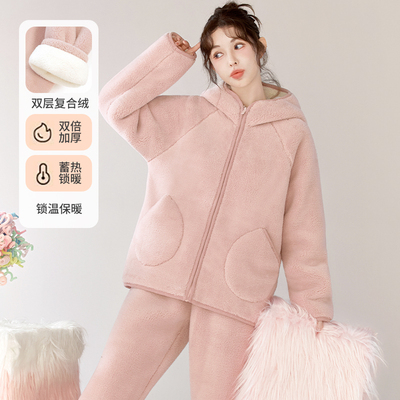 睡衣套装加厚加绒双层复合法兰绒家居服秋冬暖绒保暖可爱睡衣女士