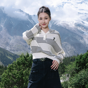 婉甸2025春季新品黑白条纹连帽套头衫百搭风针织衫1241W34SM4
