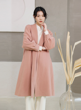 婉甸冬季新品粉色双面呢宽松浴袍式羊毛羊绒大衣1234C08XJFYX
