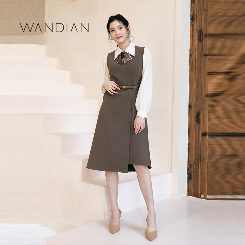 婉甸秋季新品日常上班橡子棕无袖连衣裙连身1233N12RS5
