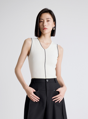 婉甸2025年秋季新品经典白/耀石黑毛织背心1243G01DZ1