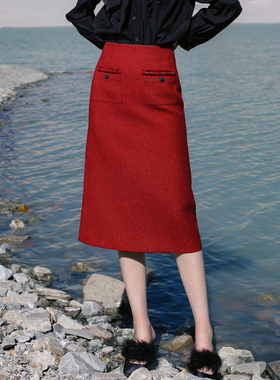 婉甸2026春季新品迪奥红粗花呢长裙直筒裙1251K05XJ1AYX