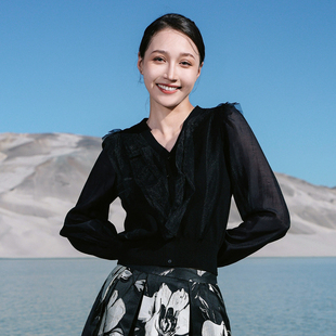 1251W09DY1YX 黑色网纱拼接毛织套头衫 婉甸2026春季 新品