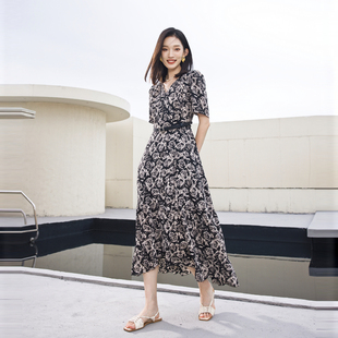 连衣裙1242N79XD5 黑白玫瑰花短袖 婉甸2025夏季 新品