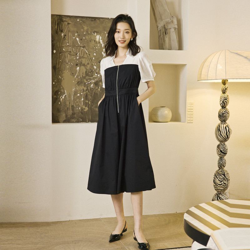 婉甸2025夏季新品黑白色短袖连衣裙1242N03RS1