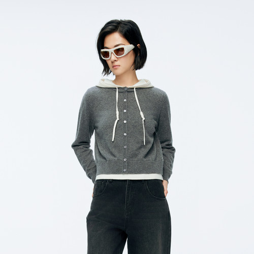 婉甸2025年冬季新品灰色连帽假两件套头衫1244W10GS1