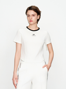 婉甸2025春季新品黑色/白色撞边领短袖T恤百搭风上衣1241T05SM4