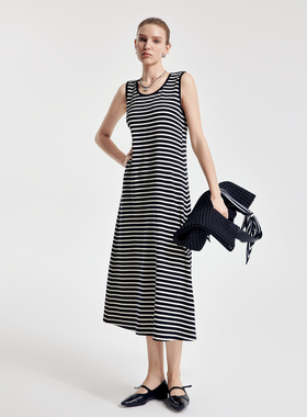 婉甸2026春季新品黑白条纹圆领背心式连衣裙1251N07GX3