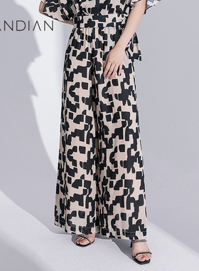 婉甸米黑色几何图形阔腿裤夏季新品高腰松紧腰头拖地裤1232P21RJ3