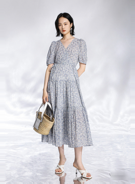 婉甸2025夏季新品米底蓝色碎花连衣裙1242N80DJ6YX