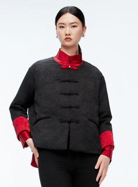 婉甸2025年冬季新品黑色暗纹提花蚕丝外套1244R05DM2