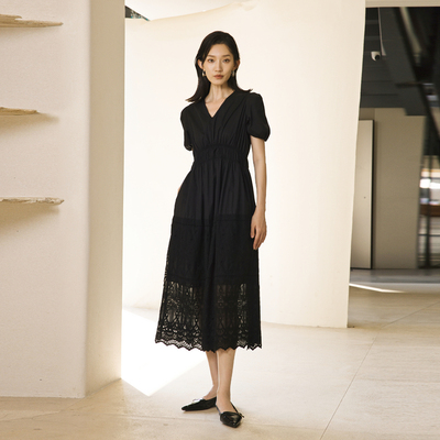 婉甸2025夏季新品黑色短袖连衣裙1242N10RS2