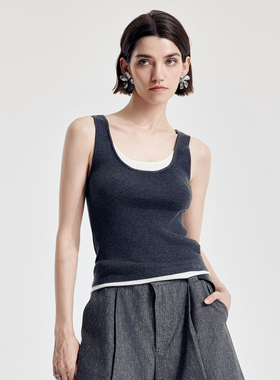 婉甸2026春季新品炭灰色毛织背心假两件撞色拼接1251G01GX2