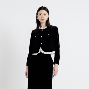 婉甸2025年秋季新品耀石黑丝绒拼接外套1243O09RJ3