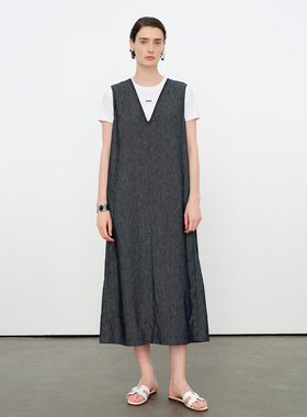 婉甸2026夏季新品牛仔蓝亚麻连衣裙1252N01DX1