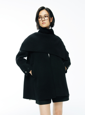 婉甸2025年冬季新品黑色毛织披肩双面呢大衣1244C01DM2