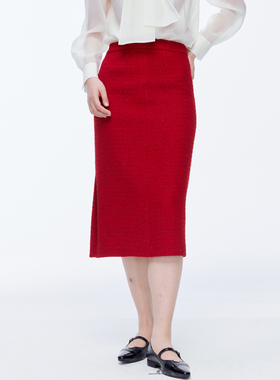 婉甸2025年冬季新品慕斯红小香呢长裙1244K06DM2