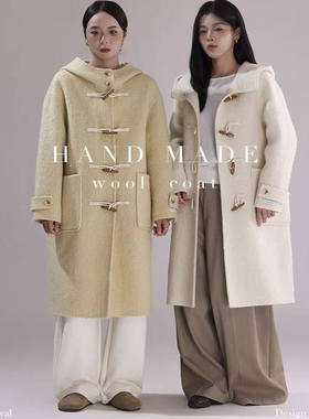 韩版 新款羊毛长款女装大衣85048牛角扣连帽休闲洋气女装羊毛外套