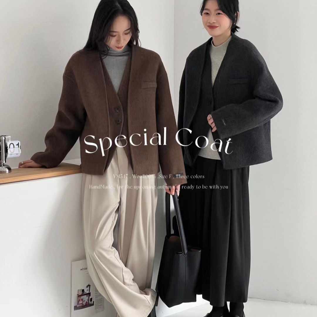 韩国新款羊毛大衣547 短款长毛v领假俩件休闲通勤女装羊毛上衣