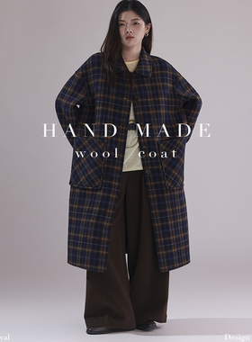 韩版 秋季新款格子长毛羊毛大衣85032翻领休闲通勤女装羊毛大衣