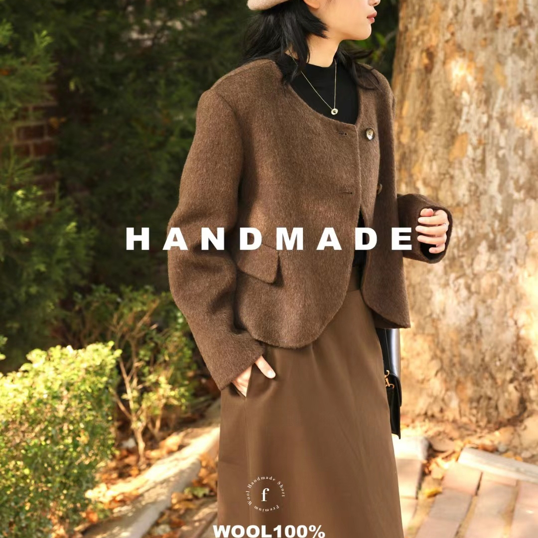 特价 韩国羊毛大衣短款518 大圆领双扣 时尚休闲通勤短款羊毛外