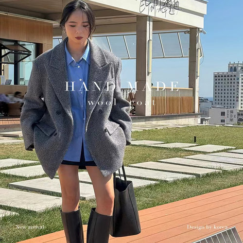 韩版 春季新款羊毛中长款西装外套 650休闲通勤气质女装毛呢外套