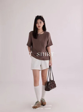 韩版 夏季新款全麻女装短袖 2463休闲百搭简约宽松透气亚麻女T恤