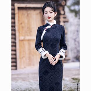 新中式旗袍冬天加绒加厚2025新款气质少女年轻款连衣裙复古日常冬