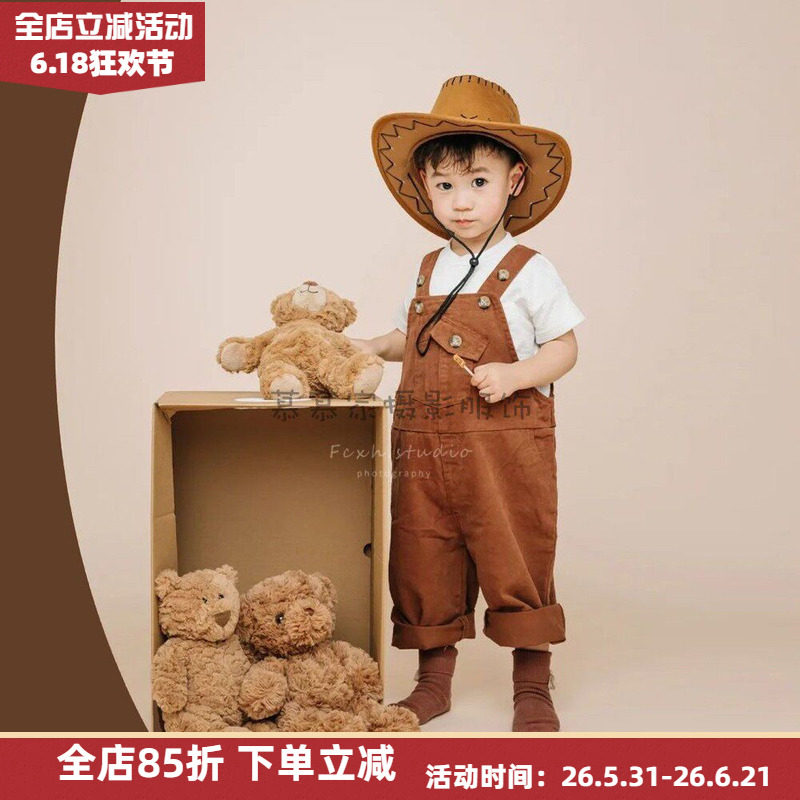 慕慕家 油画复古港风洋气儿童拍照背带套装 牛仔帽马场主题摄影服