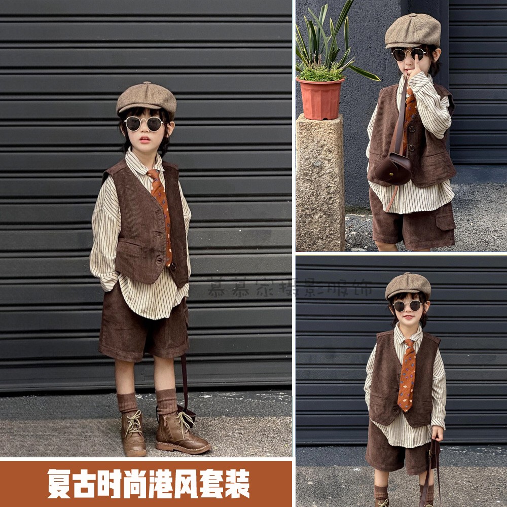 复古风儿童摄影服装怀旧复古港风男孩影楼拍照主题道具马甲三件套 - 实物图