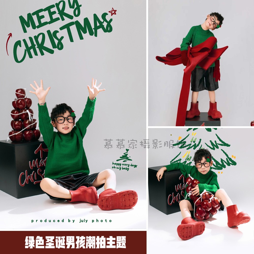 新年绿色圣诞毛衣套装儿童潮拍服