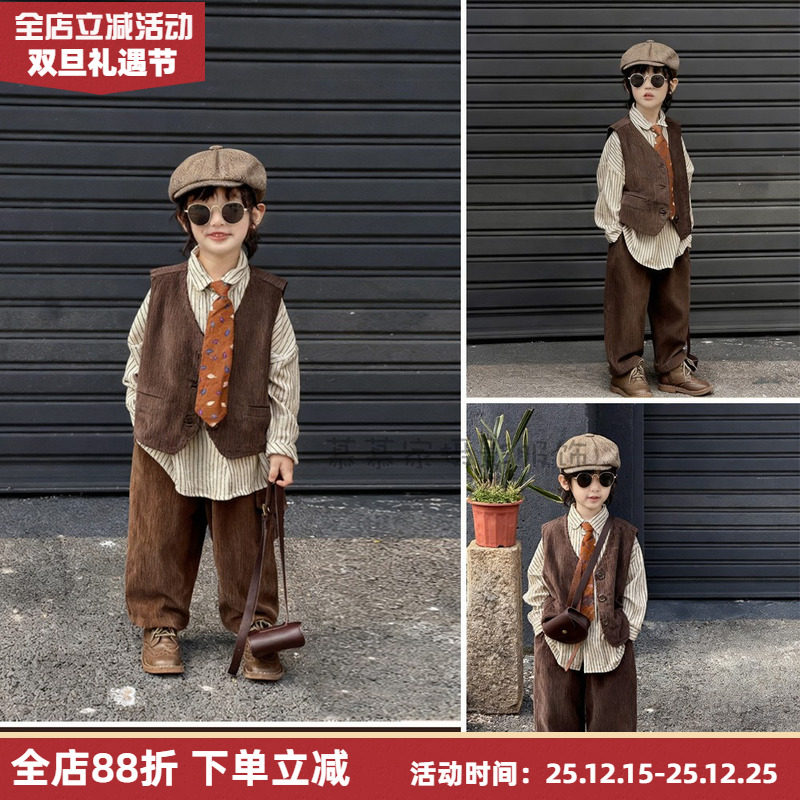 复古港风男孩小绅士马甲套装
