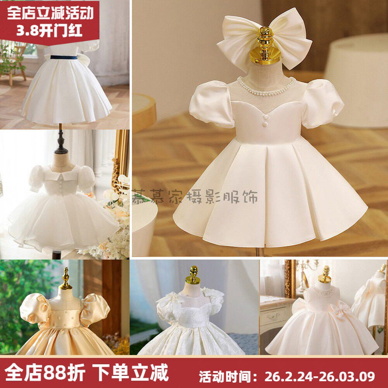 小花童钢琴演出纱裙 儿童白色婚纱礼服 宝宝生日宴周岁公主蓬蓬裙