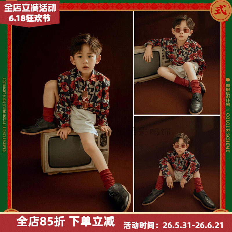 儿童复古油画港风演出走秀套装80年代时尚花衬衣潮拍个性走秀服饰
