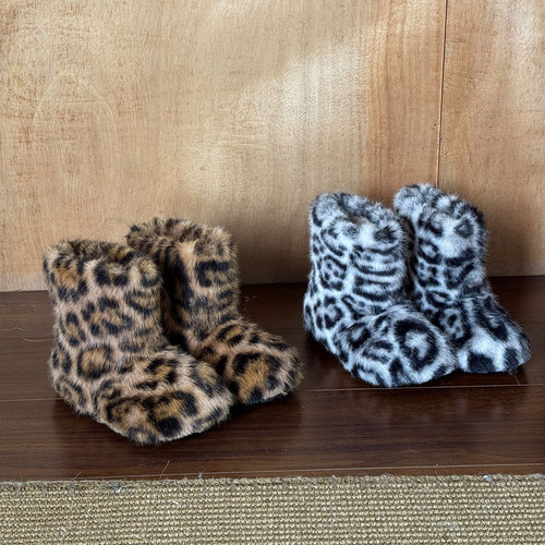 儿童豹纹毛绒大棉靴冬季保暖棉鞋