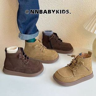 韩系复古儿童马丁靴英伦风男童皮靴真皮女童单靴秋冬宝宝二棉短靴