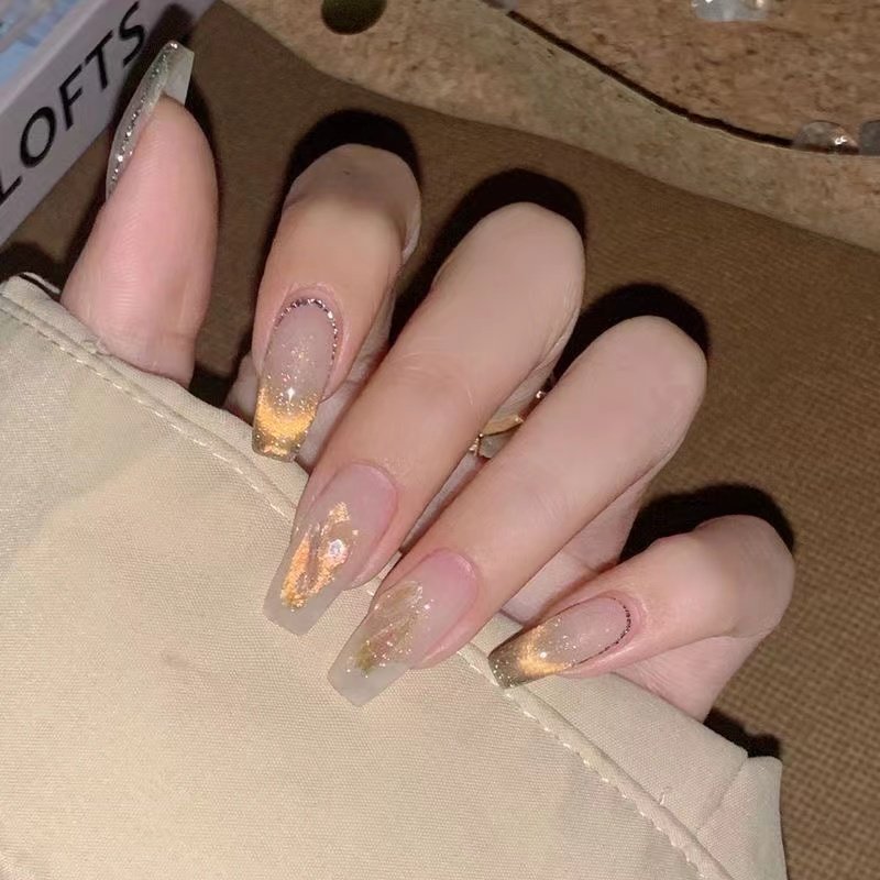 手工穿戴甲小红书猫眼假指甲流行极光钻美甲贴片学生日落金沙003