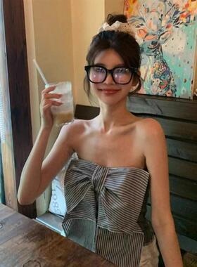 蝴蝶结黑色条纹抹胸背心女秋季修身辣妹无袖裹胸短款露背上衣外穿