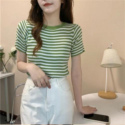 圆领薄款彩色条纹冰丝针织衫2024夏季短袖洋气修身甜美t恤上衣女