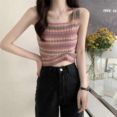 纯欲风彩虹条纹背心吊带女夏季设计感内搭外穿美背抹胸短款上衣潮