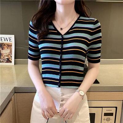 年夏装新款冰丝条纹女彩虹领针织开衫薄款短袖恤上衣潮